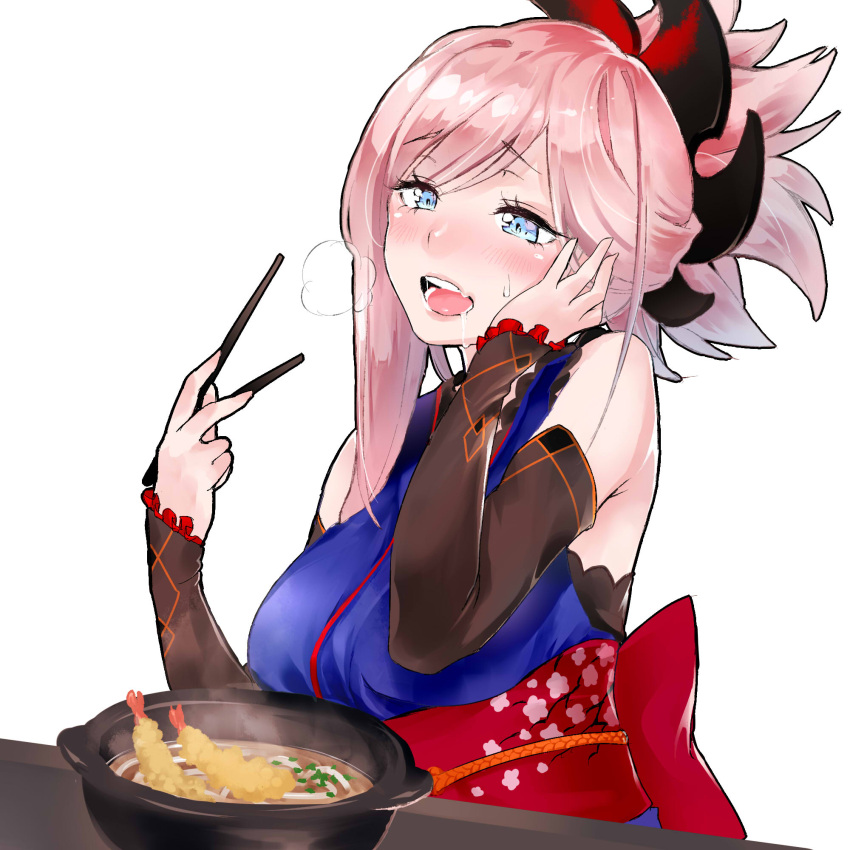 blue_eyes blush breath chopsticks ecstasy fate/grand_order fate_(series) highres miyamoto_musashi_(fate/grand_order) noinoise open_mouth smile udon white_background