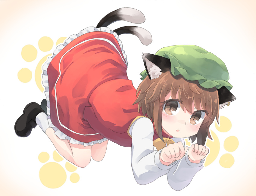 1girl animal_ears black_footwear blush bow bowtie brown_eyes brown_hair cat_ears cat_tail chen commentary earrings frilled_skirt frills green_hat hat jewelry kibisake long_sleeves looking_at_viewer mob_cap multiple_tails open_mouth paw_pose paw_print red_skirt red_vest shirt short_hair skirt skirt_set solo tail touhou two_tails vest white_shirt yellow_neckwear