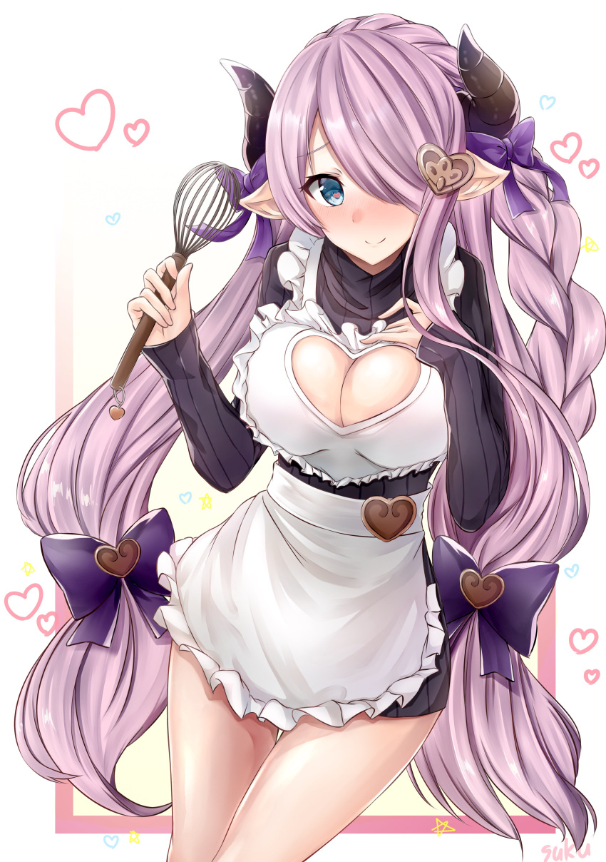 absurdres apron artist_request blue_eyes braid breasts cleavage demon_horns doraf granblue_fantasy hair_ornament hair_over_one_eye highres horns large_breasts lavender_hair long_hair looking_at_viewer low_tied_hair narumeia_(granblue_fantasy) pointy_ears purple_hair single_braid