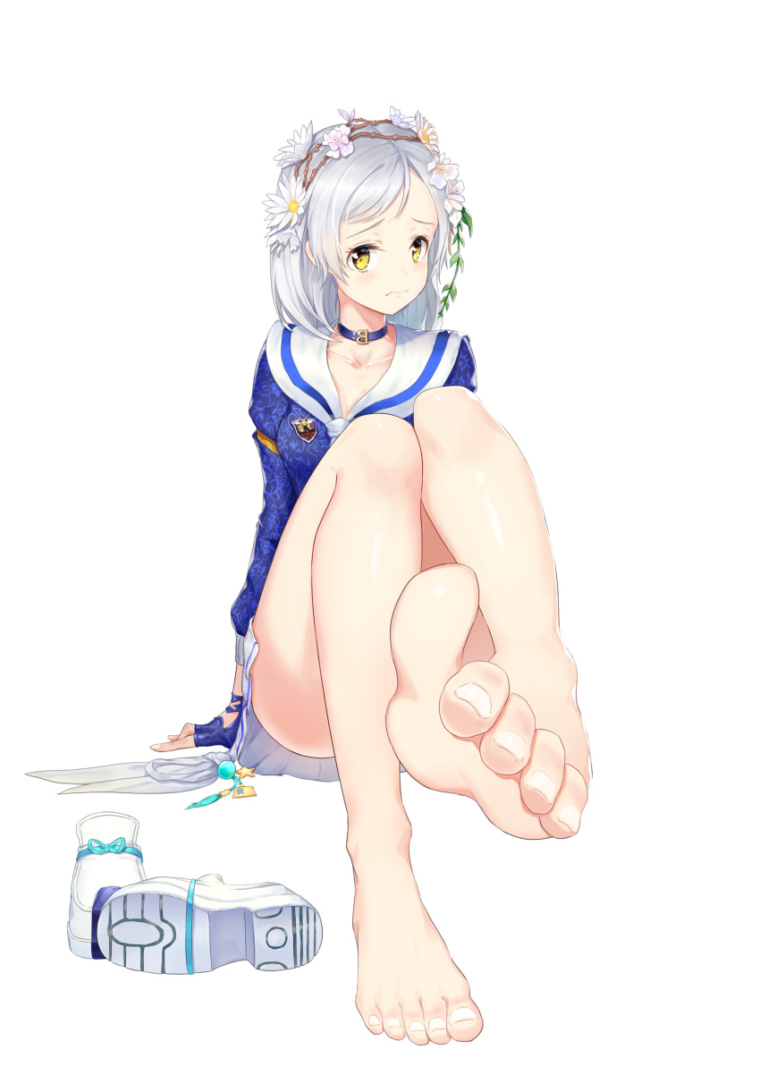 1girl absurdres barefoot blade_&amp;_soul character_request commentary_request flower frown greem_bang hair_flower hair_ornament hairband highres looking_at_viewer shoes_removed short_hair silver_hair simple_background sitting solo toes white_background white_footwear yellow_eyes