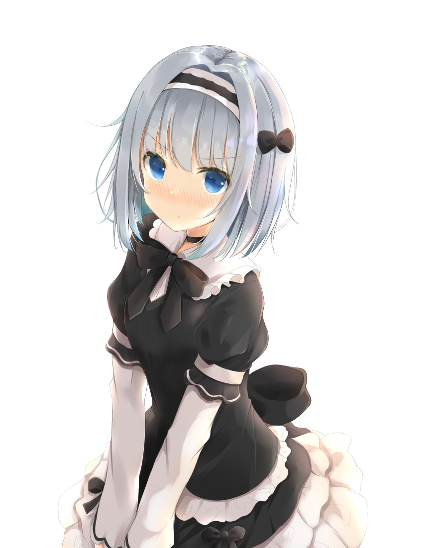 1girl bangs black_bow black_choker black_dress blue_eyes blush bow breasts choker closed_mouth commentary_request dress eyebrows_visible_through_hair hair_between_eyes hair_bow hairband highres long_sleeves looking_at_viewer nose_blush puffy_short_sleeves puffy_sleeves ryuuou_no_oshigoto! sashima short_over_long_sleeves short_sleeves silver_hair simple_background small_breasts solo sora_ginko v-shaped_eyebrows v_arms white_background
