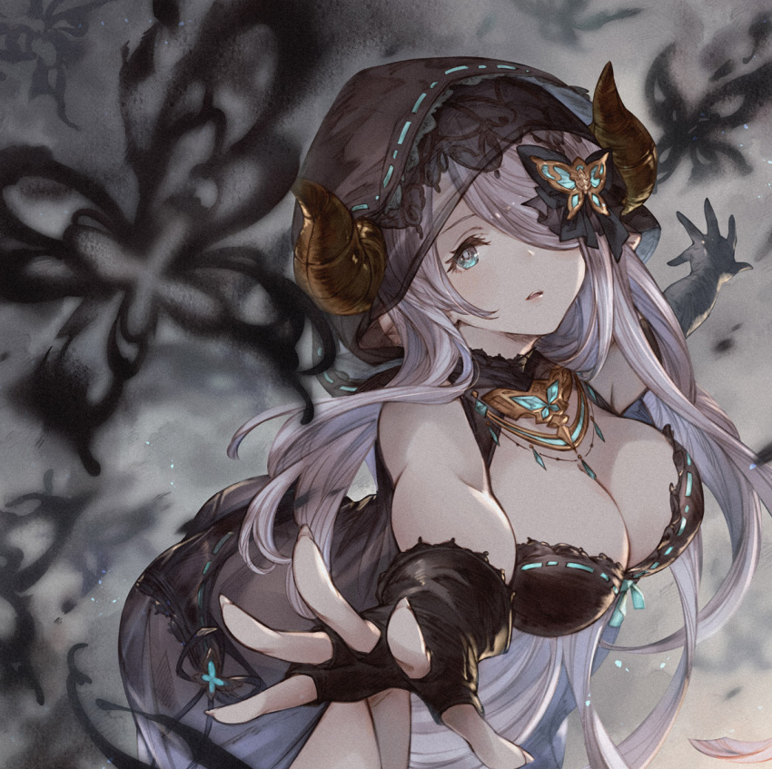 blue_eyes breasts butterfly butterfly_hair_ornament cleavage demon_horns doraf fingerless_gloves gloves granblue_fantasy hair_ornament hair_over_one_eye horns jewelry large_breasts looking_at_viewer minaba_hideo narumeia_(granblue_fantasy) necklace official_art