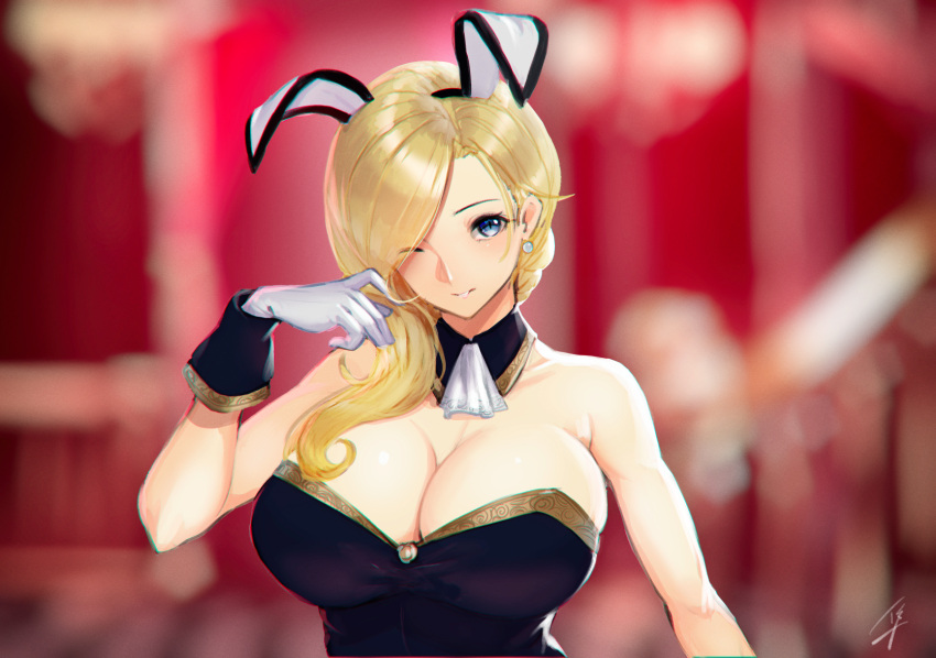 1girl animal_ears azur_lane black_leotard blonde_hair blue_eyes blurry blurry_background breasts bunny_girl cleavage detached_collar earrings fake_animal_ears gloves hair_over_one_eye hair_over_shoulder hayabusa highres hood_(azur_lane) jewelry large_breasts leotard long_hair looking_at_viewer one_eye_closed parted_lips rabbit_ears smile solo strapless strapless_leotard upper_body white_gloves wrist_cuffs