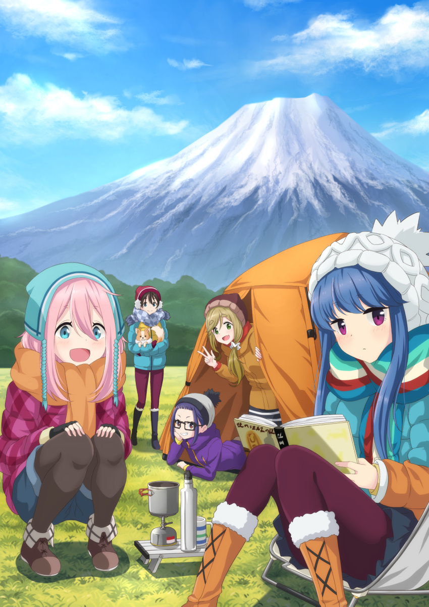 5girls :d animal bangs beanie black_footwear black_gloves black_legwear blue_eyes blue_hair blue_hat blue_jacket blue_shorts blue_skirt blue_sky blush book boots brown_eyes brown_footwear brown_hair brown_hat brown_jacket brown_scarf checkered checkered_scarf chikuwa_(yurucamp) closed_mouth clouds commentary_request day dbmaster dog earmuffs eyebrows_visible_through_hair fang fingernails fur-trimmed_boots fur_trim gloves green_eyes grey_hat hair_between_eyes hair_ornament hair_scrunchie hat highres holding holding_book inuyama_aoi jacket kagamihara_nadeshiko knee_boots long_hair long_sleeves looking_at_viewer low_ponytail lying mittens mountain multiple_girls on_stomach oogaki_chiaki open_book open_mouth outdoors pants pantyhose pink_hair pleated_skirt purple_hair purple_jacket purple_legwear purple_mittens purple_pants red_hat saitou_ena scarf scrunchie shima_rin short_shorts shorts side_ponytail sidelocks sitting skirt sky smile squatting standing striped striped_scarf tent violet_eyes white_hat white_scrunchie yurucamp