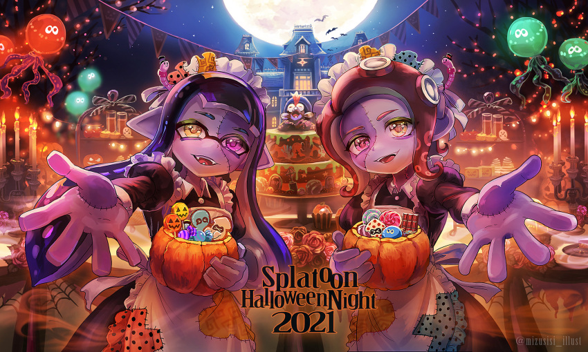 2girls apron balloon bangs bat black_dress black_hair blue_skin blunt_bangs candlestand candy collared_dress colored_skin commentary_request dress english_text fangs food full_moon hairband halloween halloween_bucket halloween_costume heterochromia highres holding house inkling jack-o'-lantern jellyfish_(splatoon) juliet_sleeves long_dress long_hair long_sleeves looking_at_viewer maid_apron maid_headdress mizushishi moon multiple_girls night night_sky octoling open_mouth partial_commentary pointy_ears puffy_sleeves reaching_out red_hairband salmonid sky smile splatoon_(series) standing stitched_face stitched_hand string_of_flags suction_cups tentacle_hair tiered_tray twitter_username violet_eyes white_apron worms yellow_eyes