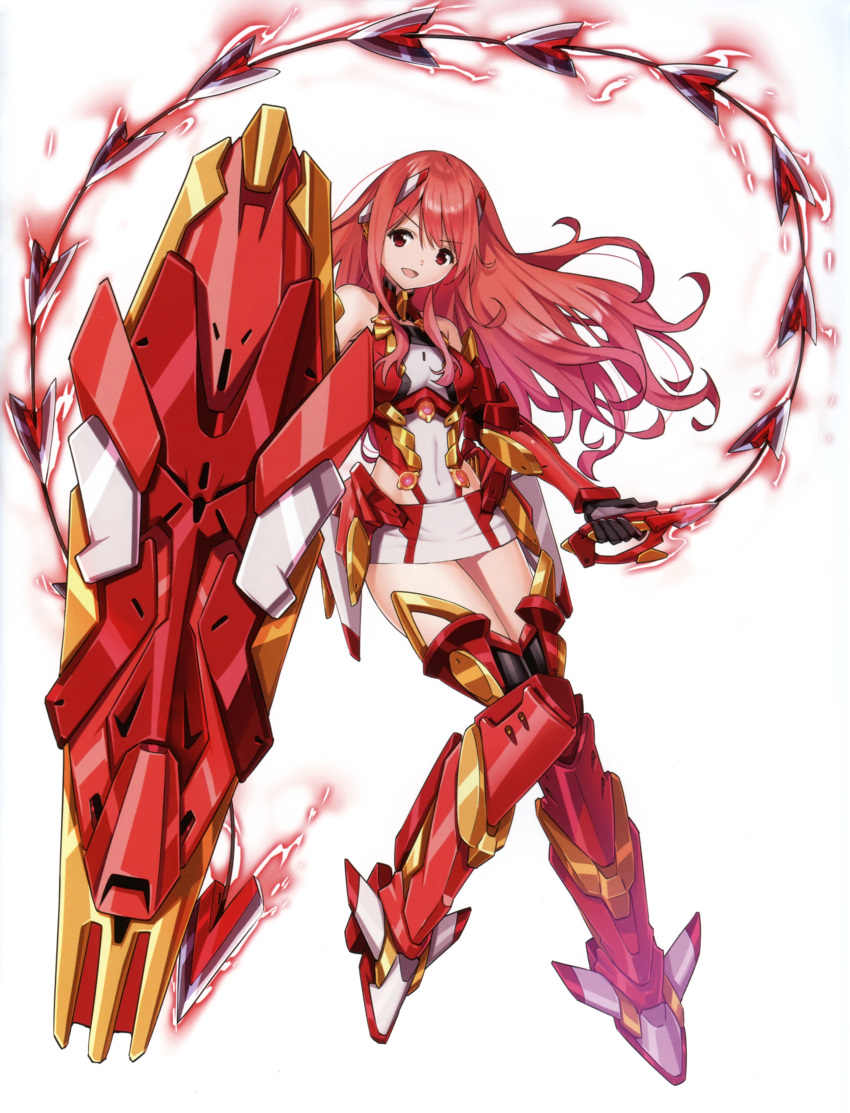 1girl :d absurdres armor armored_boots boots eyebrows_visible_through_hair floating_hair full_body highres holding holding_weapon long_hair microskirt midriff navel open_mouth original red_eyes red_footwear redhead saitou_masatsugu simple_background skirt smile solo stomach very_long_hair weapon whip white_background white_skirt
