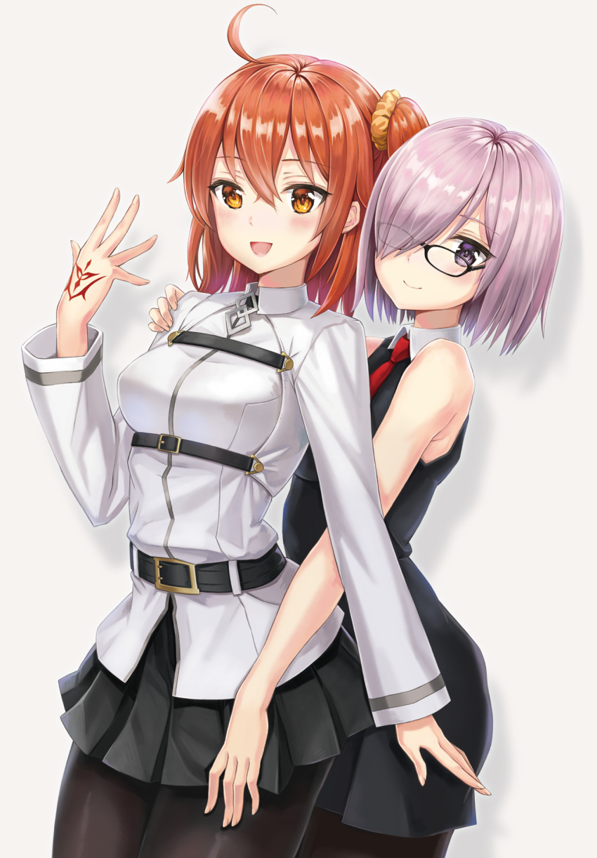 2girls :d ahoge bangs bare_shoulders belt belt_buckle black-framed_eyewear black_dress black_legwear black_skirt blush breasts buckle closed_mouth collared_dress command_spell cowboy_shot dress eyebrows_visible_through_hair fate/grand_order fate_(series) fujimaru_ritsuka_(female) glasses grey_background hair_ornament hair_over_one_eye hair_scrunchie hand_on_another's_shoulder hand_tattoo highres long_sleeves looking_at_viewer mash_kyrielight medium_breasts miniskirt multiple_girls necktie one_side_up open_mouth orange_eyes orange_hair pantyhose pink_hair pleated_skirt red_neckwear scrunchie shinno shiny shiny_hair shirt short_hair simple_background skirt sleeveless sleeveless_dress smile standing tattoo uniform violet_eyes white_shirt wing_collar