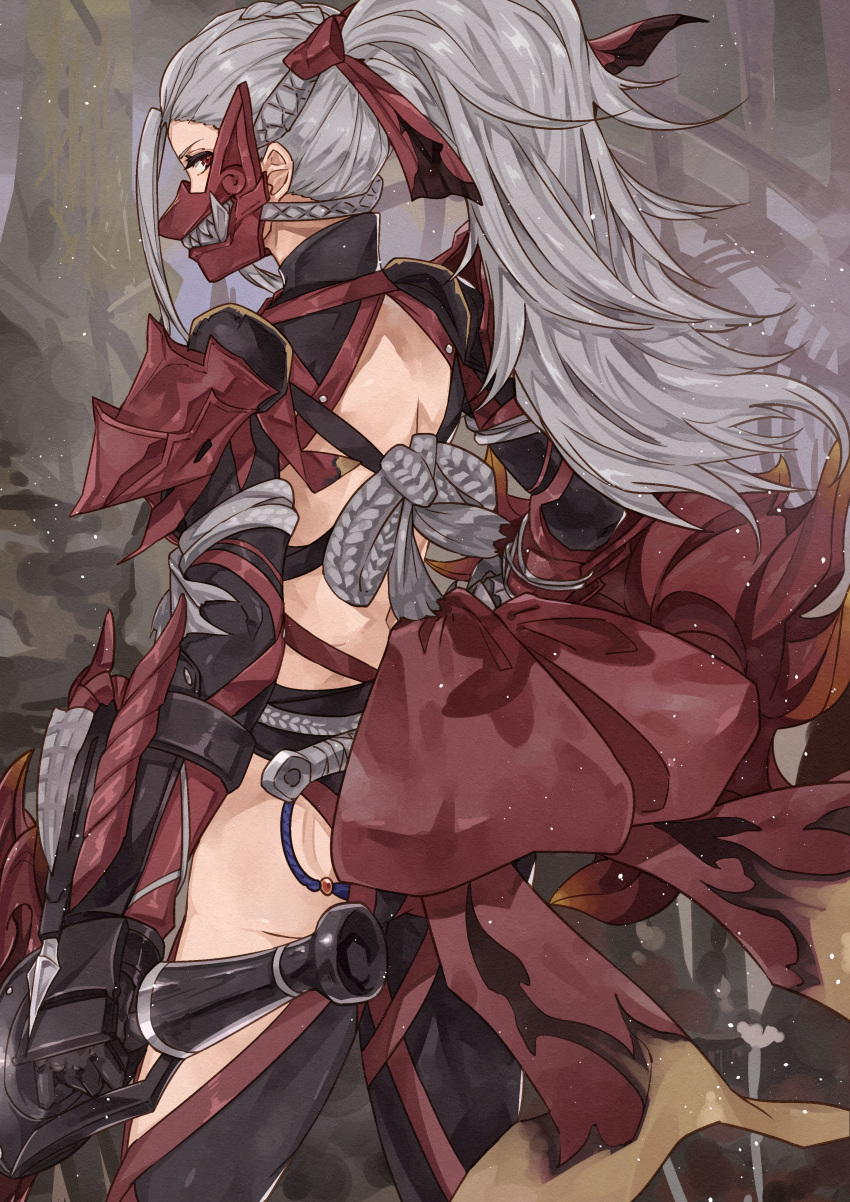 1girl absurdres armor back_cutout bow breasts from_behind grey_hair hair_bow highres holding holding_weapon kanmiya_shinobu long_hair looking_at_viewer looking_back mask monster_hunter monster_hunter:_world odogaron_(armor) pauldrons ponytail red_eyes solo weapon
