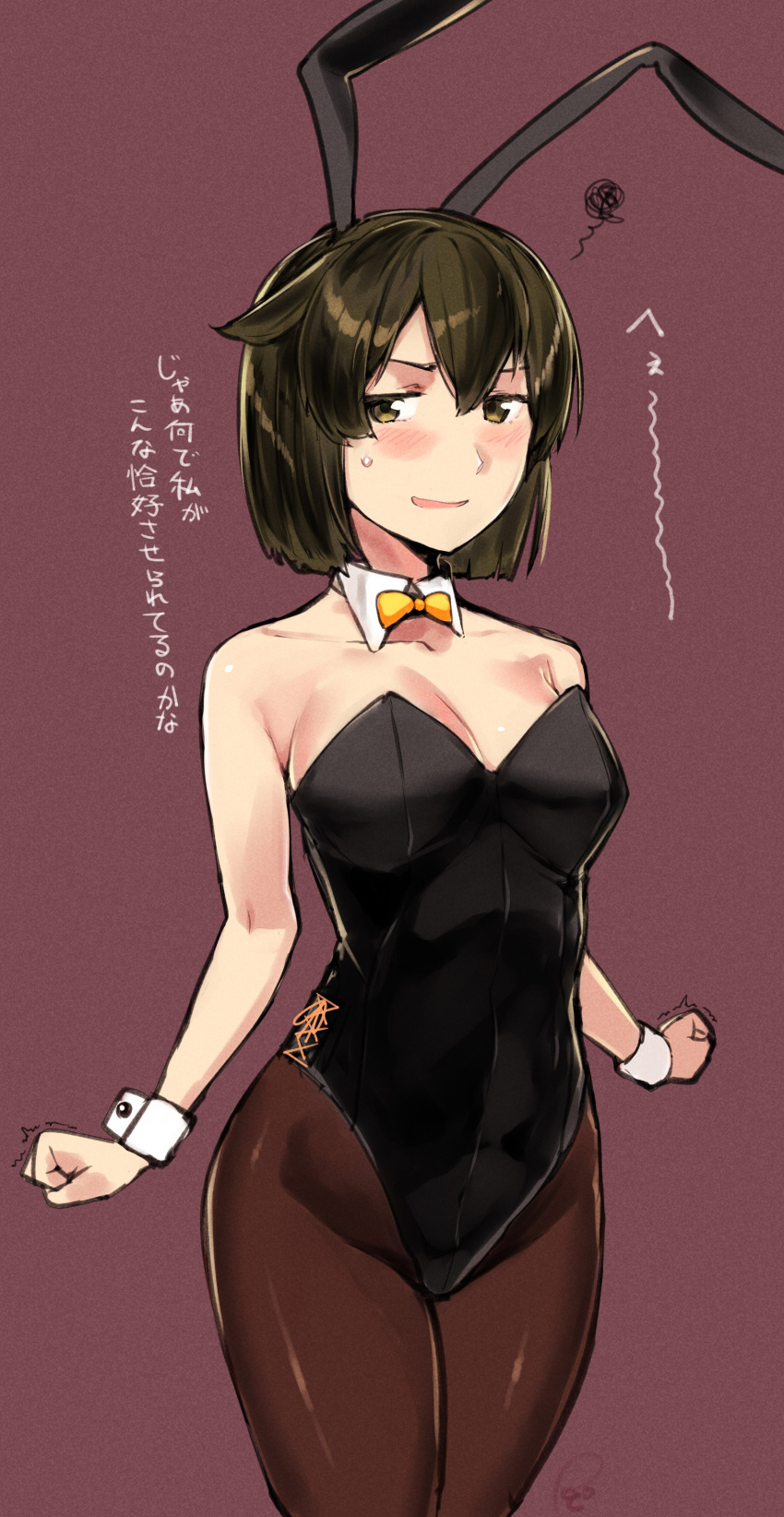 1girl absurdres animal_ears black_legwear black_leotard bow bowtie breasts brown_background brown_eyes brown_hair bunnysuit cowboy_shot detached_collar highres hiryuu_(kantai_collection) kantai_collection leotard looking_at_viewer medium_breasts pantyhose poco_(backboa) rabbit_ears short_hair simple_background solo squiggle strapless strapless_leotard translation_request wrist_cuffs yellow_neckwear
