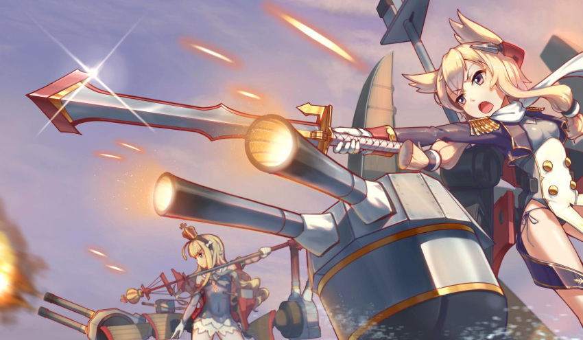 2girls azur_lane bare_shoulders black_dress black_panties blonde_hair breasts brown_eyes closed_mouth clouds commentary_request covered_navel crown curly_hair day detached_sleeves dress epaulettes eyebrows_visible_through_hair firing from_side gloves hair_between_eyes hairband highres holding holding_staff holding_sword holding_weapon long_hair machinery mini_crown multiple_girls outdoors outstretched_arm panties queen_elizabeth_(azur_lane) revision shippuki short_hair_with_long_locks side-tie_panties sidelocks sky small_breasts staff standing sword underwear v-shaped_eyebrows very_long_hair warspite_(azur_lane) weapon white_gloves