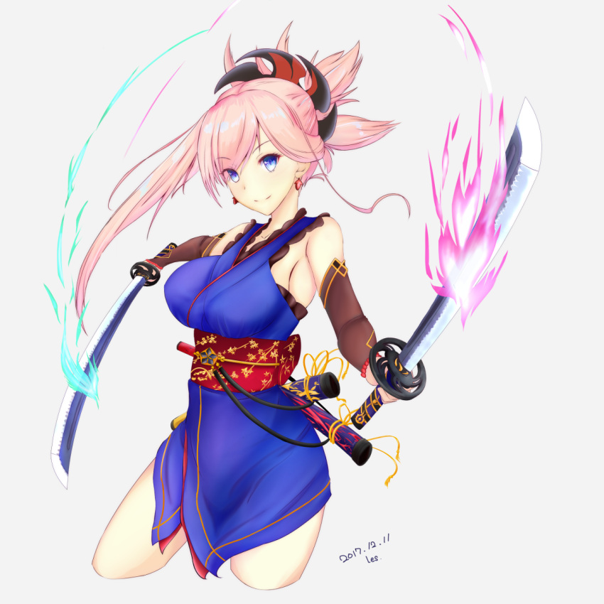 1girl armpits blue_eyes blue_kimono breasts earrings faraway0128zz fate/grand_order fate_(series) fire highres holding holding_sword holding_weapon japanese_clothes jewelry kimono miyamoto_musashi_(fate/grand_order) ponytail smile sword weapon white_hair