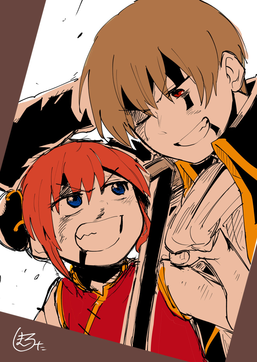 1boy 1girl absurdres blue_eyes brown_hair bun_cover china_dress chinese_clothes double_bun dress fang gintama grabbing hand_behind_head highres kagura_(gintama) okita_sougo orange_hair red_eyes sharp_teeth shiromanta teeth