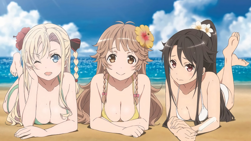 3girls artist_request barefoot beach bikini black_hair blonde_hair braid breasts brown_hair cleavage clouds feet flower food hair_flower hair_ornament high_school_fleet highres multiple_girls munetani_mashiro nosa_kouko official_art one_eye_closed open_mouth ponytail popsicle sand smile soles sweat swimsuit toes water wilhelmina_braunschweig_ingenohl_friedeburg