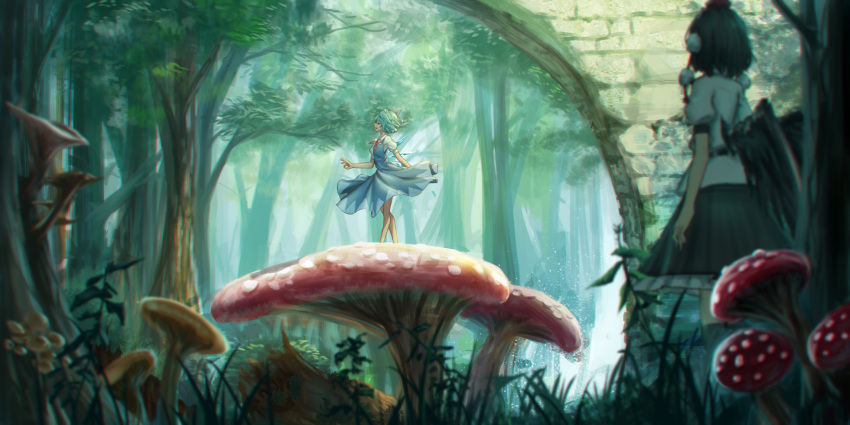 2girls bare_legs black_hair black_skirt black_wings blue_dress blue_hair cirno commentary_request dress forest from_behind full_body hat highres multiple_girls mushroom nature outdoors plant pom_pom_(clothes) puffy_short_sleeves puffy_sleeves red_neckwear roke_(taikodon) shameimaru_aya shirt short_hair short_sleeves skirt standing tassel tokin_hat touhou tree white_shirt wings