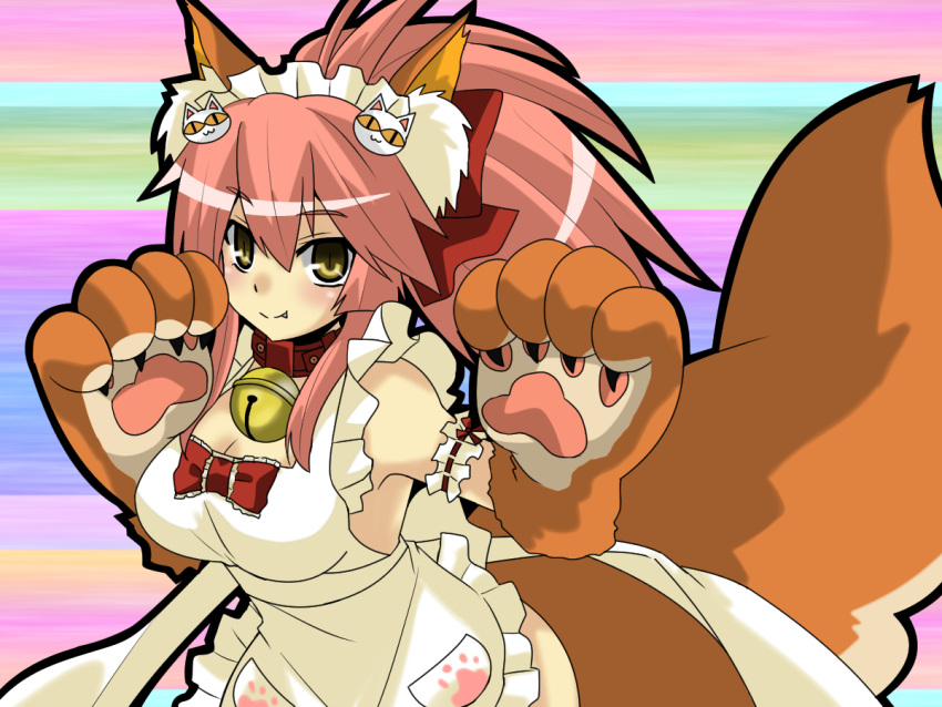 1girl animal_ears apron bell bell_collar blush breasts cat_hair_ornament cat_paws cleavage collar commentary_request fang_out fangs fate/grand_order fate_(series) fox_ears fox_tail gloves hair_ornament jingle_bell large_breasts long_hair looking_at_viewer maid_headdress matsudora124 multicolored multicolored_background naked_apron paw_gloves paw_shoes paws pink_hair ponytail shoes solo tail tamamo_(fate)_(all) tamamo_cat_(fate)