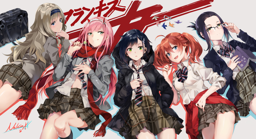 5girls adjusting_eyewear aqua_eyes bag bangs black_hair blonde_hair blue_eyes book bow bowtie candy clothes_around_waist collared_shirt darling_in_the_franxx dress_shirt earphones earphones eyebrows_visible_through_hair eyeshadow food green_eyes hairband hand_on_own_stomach headphones highres holding holding_book hood hoodie horns ichigo_(darling_in_the_franxx) ikuno_(darling_in_the_franxx) jacket kokoro_(darling_in_the_franxx) legs licking_lips listening_to_music lollipop lying makeup miku_(darling_in_the_franxx) multiple_girls necktie neko_(yanshoujie) on_back on_stomach open_clothes open_jacket pink_hair plaid plaid_skirt red_scarf redhead scarf school_bag school_uniform shiny shiny_hair shirt skirt straight_hair thigh-highs thighs tongue tongue_out unbuttoned unbuttoned_shirt white_hairband zero_two_(darling_in_the_franxx)