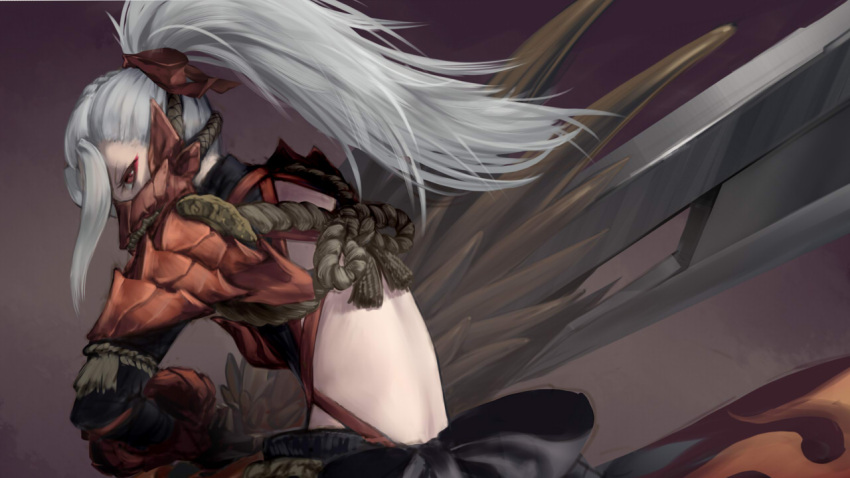 1girl armor back_cutout bow from_side grey_hair hair_bow hiko_(hiko224556) long_hair looking_at_viewer mask monster_hunter monster_hunter:_world odogaron_(armor) pauldrons ponytail red_eyes solo