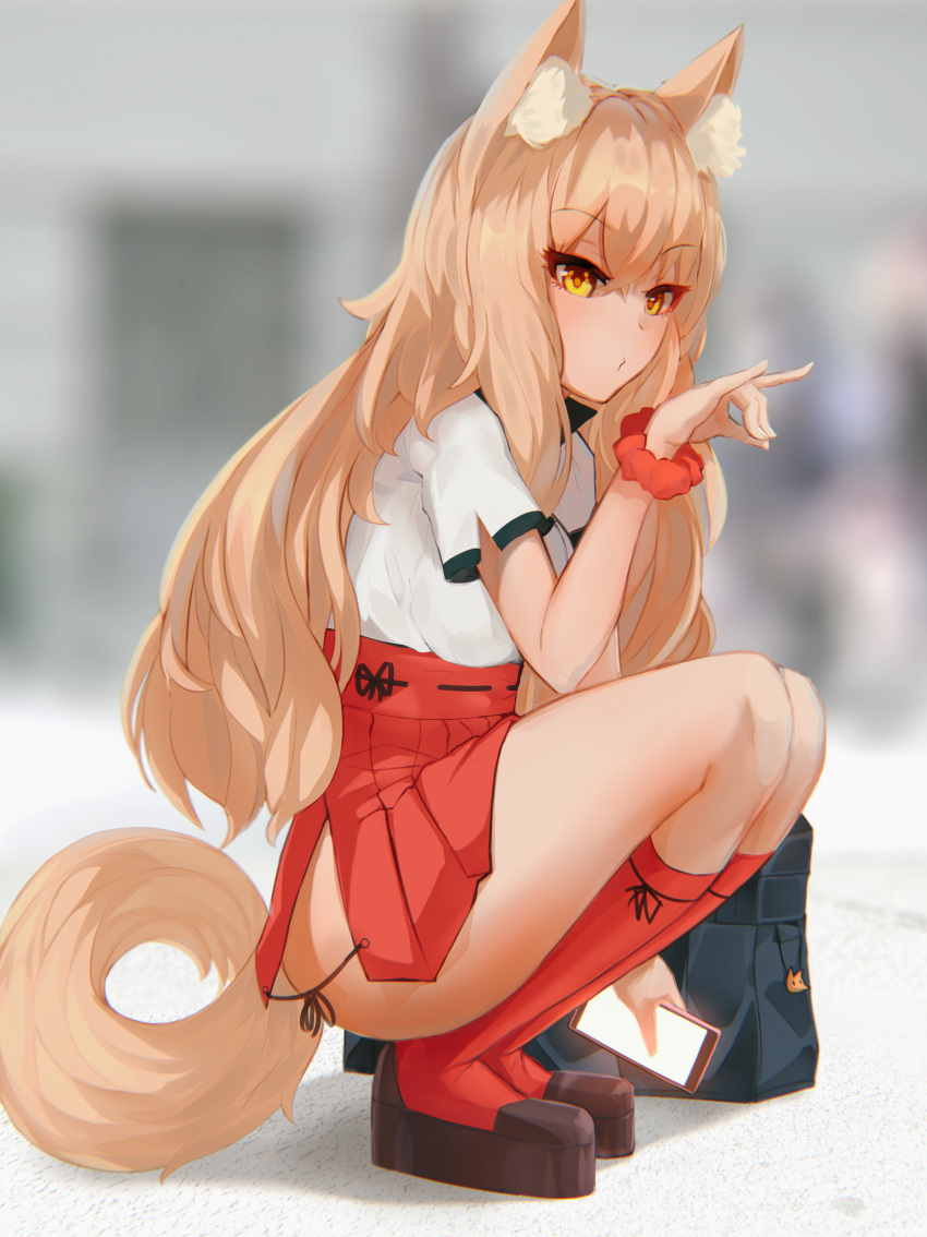 1girl absurdres animal_ears bag bag_charm bangs black_footwear blonde_hair blurry blurry_background blush cellphone charm_(object) closed_mouth day ehrrr eyebrows_visible_through_hair fate/extra fate_(series) fox_ears fox_shadow_puppet fox_tail from_side full_body high-waist_skirt highres holding holding_phone kneehighs long_hair looking_at_viewer looking_to_the_side medium_skirt outdoors phone pouty_lips red_legwear red_scrunchie red_skirt ribbon-trimmed_skirt ribbon_trim school_bag scrunchie shirt shoes short_sleeves skirt smartphone solo squatting suzuka_gozen_(fate) tail thighs tsurime very_long_hair white_shirt wrist_scrunchie yellow_eyes
