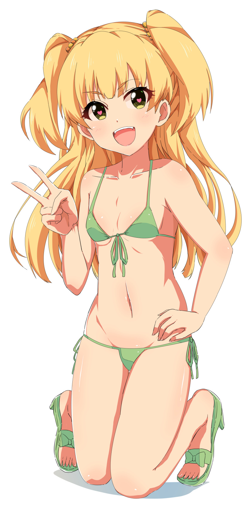 1girl :d absurdres bikini blonde_hair blush flat_chest green_bikini green_eyes hand_on_hip heart heart-shaped_pupils highres idolmaster idolmaster_cinderella_girls jougasaki_rika kneeling long_hair navel open_mouth sandals side-tie_bikini smile solo swimsuit symbol-shaped_pupils tarokichi two_side_up v