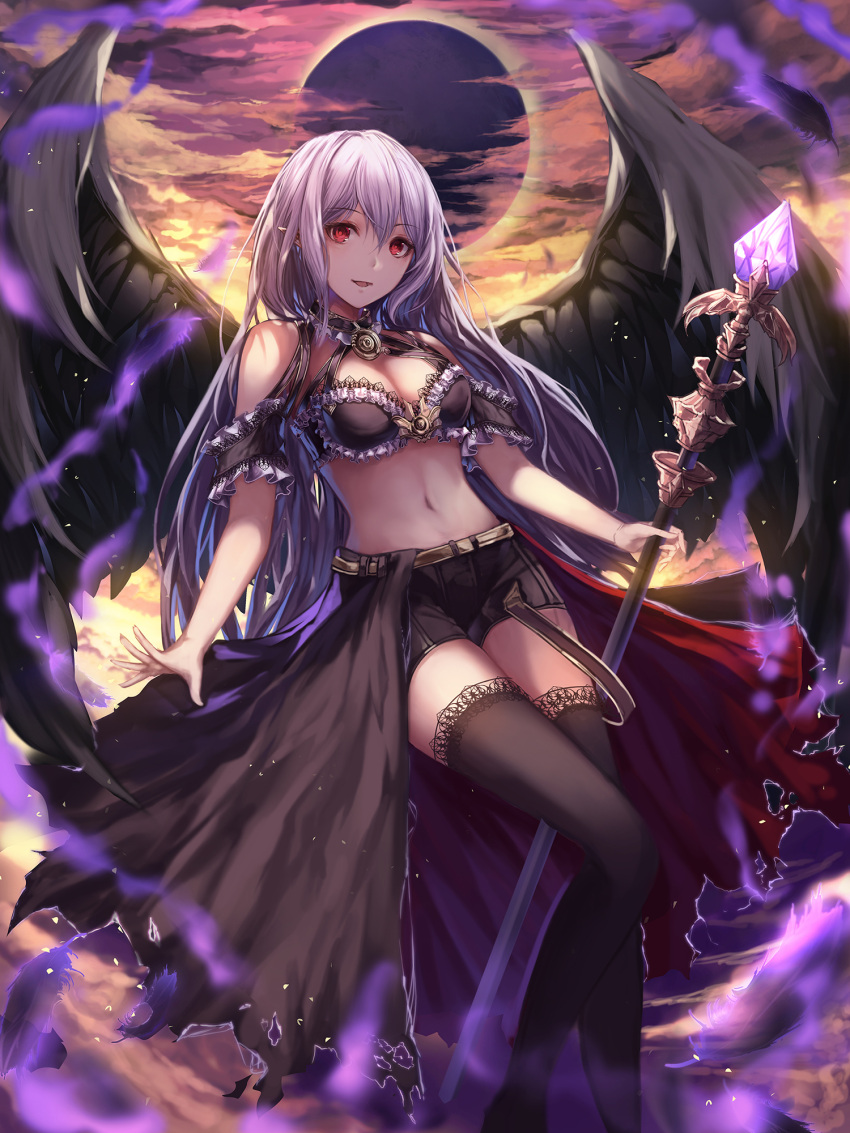 1girl belt black_bra black_legwear black_shorts black_wings bra breasts cleavage clouds diamond eclipse full_moon highres long_hair midriff moon navel original pointy_ears red_eyes short_shorts shorts silver_hair sky smile solo staff sun thigh-highs underwear waist_cape weapon wings yohaku