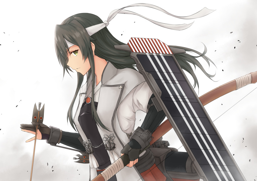 arrow ashes bow_(weapon) breastplate flight_deck green_eyes green_hair hair_down hakama_skirt headband japanese_clothes jinbaori kantai_collection long_hair muneate onst_k ribbon weapon white_ribbon zuikaku_(kantai_collection)