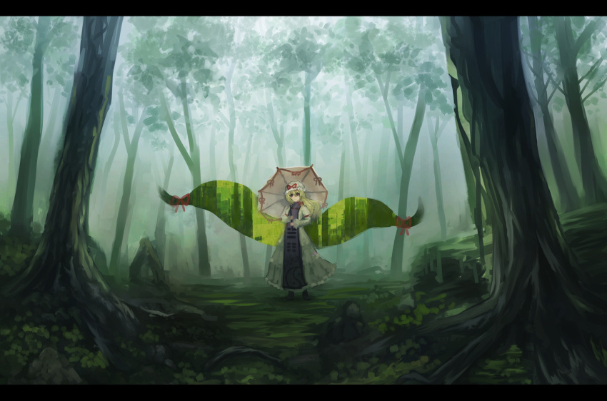 1girl absurdres blonde_hair bow commentary_request dress forest gap hair_between_eyes highres holding holding_umbrella lanreta long_hair long_sleeves looking_at_viewer nature no_nose red_bow shadow solo tabard touhou tree umbrella violet_eyes white_dress yakumo_yukari