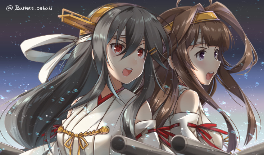 2girls ahoge back-to-back bare_shoulders baretto_(firearms_1) black_hair brown_eyes brown_hair detached_sleeves double_bun hachimaki hair_ornament hairclip haruna_(kantai_collection) headband headgear highres japanese_clothes kantai_collection kongou_(kantai_collection) long_hair multiple_girls nontraditional_miko open_mouth remodel_(kantai_collection) ribbon-trimmed_sleeves ribbon_trim violet_eyes