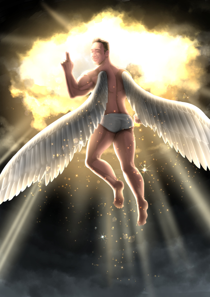 angel_wings billy_herrington commentary flying gachimuchi heaven highres light looking_at_viewer looking_back otosama pants real_life smile solo underwear underwear_only wings