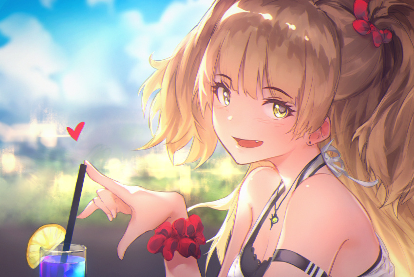 1girl :d arm_strap bangs bare_shoulders blonde_hair blue_sky blunt_bangs blurry blurry_background cup day depth_of_field drink drinking_glass drinking_straw eyebrows_visible_through_hair fang food from_side fruit hair_ornament hair_scrunchie heart idolmaster idolmaster_cinderella_girls jewelry jougasaki_rika lemon lemon_slice long_hair looking_at_viewer looking_to_the_side necklace open_mouth pendant red_scrunchie rorona_s. scrunchie sky sleeveless smile solo two_side_up upper_body wrist_scrunchie