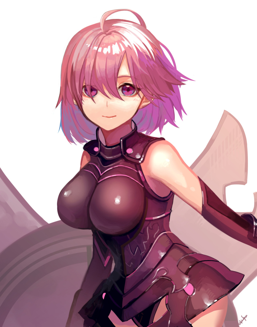 1girl ahoge arm_guards armor armored_leotard bangs bare_shoulders black_leotard closed_mouth cowboy_shot detached_sleeves hair_between_eyes highres impossible_clothes impossible_leotard leotard looking_at_viewer mash_kyrielight pink_hair shield shiny shiny_hair short_hair signature simple_background smile solo standing ukimesato violet_eyes white_background