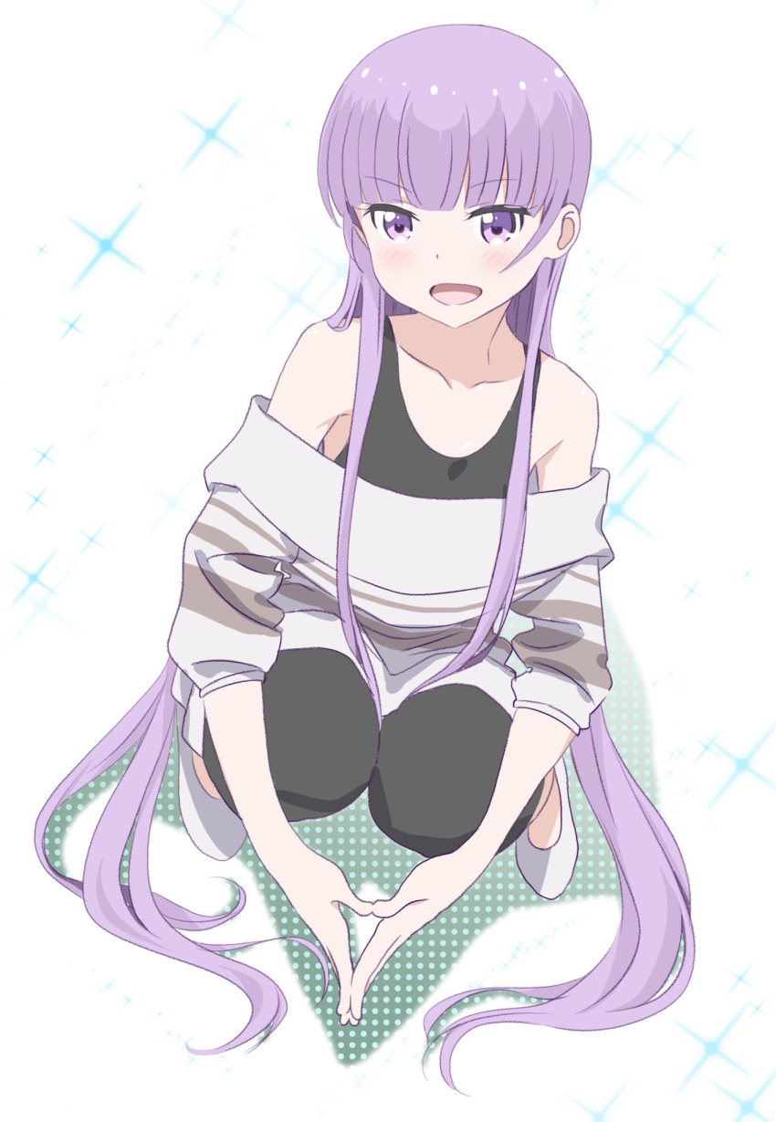 1girl :d black_pants black_shirt blush collarbone eyebrows_visible_through_hair grey_sweater highres long_hair looking_at_viewer new_game! open_mouth pants purple_hair shirt simple_background sleeveless sleeveless_shirt smile solo squatting suzukaze_aoba very_long_hair violet_eyes white_background white_footwear
