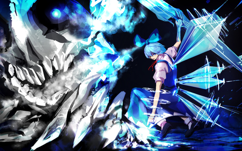 1girl blue_bow blue_eyes blue_hair bow cirno hair_bow ice ice_wings looking_away parted_lips pianika red_ribbon ribbon short_hair solo touhou wings