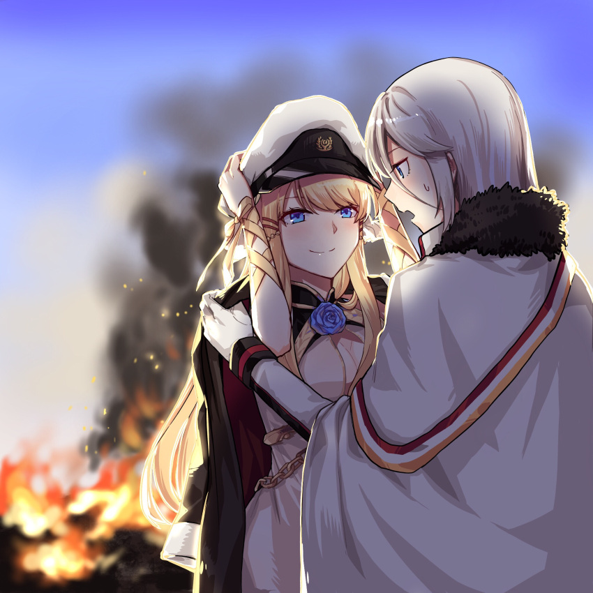 2girls azur_lane bangs black_coat blonde_hair blue_eyes blurry blurry_background breasts burning chains cleavage commentary_request dressing_another eyelashes fiery_background fire flower_ornament fur_trim gloves hair_ornament hat hat_removed headwear_removed highres holding holding_hat long_hair military military_uniform multiple_girls outdoors peaked_cap ribbon silver_hair smile smoke tirpitz_(azur_lane) uniform veil very_long_hair victorious_(azur_lane) white_coat white_gloves white_hat wrist_ribbon xun_yu_(1184527191)