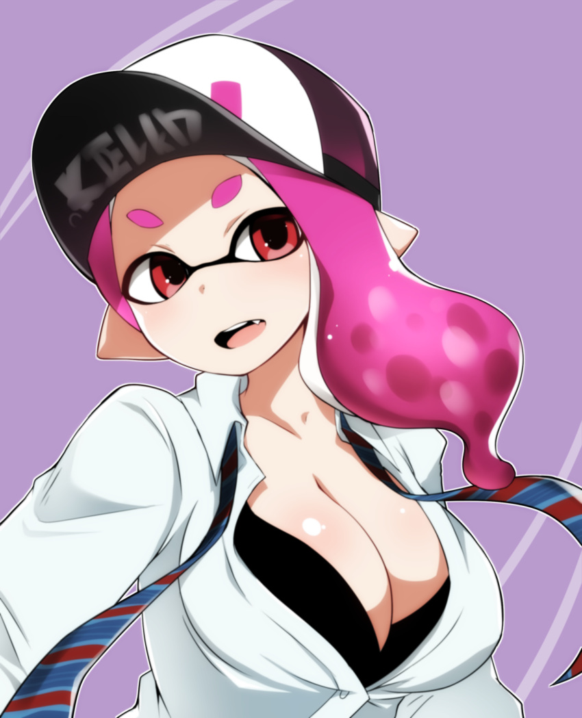 1girl :d absurdres alternate_breast_size asymmetrical_hair baseball_cap black_bra black_hat bra breasts cleavage clothes_writing collarbone collared_shirt domino_mask fanf forehead hat highres inkling large_breasts long_hair mask necktie open_mouth pink_hair pointy_ears purple_background red_eyes shiny shiny_skin shirt simple_background smile solo splatoon splatoon_2 striped_neckwear tentacle_hair thick_eyebrows underwear undone_necktie upper_body upper_teeth uzura_kazuhisa white_shirt wing_collar