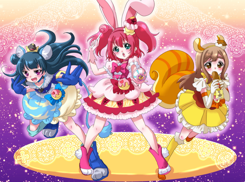 3girls animal_ears aqua_eyes bangs blue_gloves blue_hair blush bread brown_hair candy choker cosplay cure_custard cure_custard_(cosplay) cure_gelato cure_gelato_(cosplay) cure_whip cure_whip_(cosplay) dress earrings elbow_gloves eneco extra_ears eyebrows eyebrows_visible_through_hair fang food food_themed_hair_ornament gloves hair_bun hair_ornament jewelry kirakira_precure_a_la_mode kunikida_hanamaru kurosawa_ruby lion_ears lion_tail lollipop long_hair looking_at_viewer love_live! love_live!_sunshine!! multiple_girls open_mouth precure puffy_sleeves rabbit_ears redhead side_bun skirt smile squirrel_ears squirrel_tail swirl_lollipop tail tsushima_yoshiko two_side_up violet_eyes white_gloves yellow_eyes