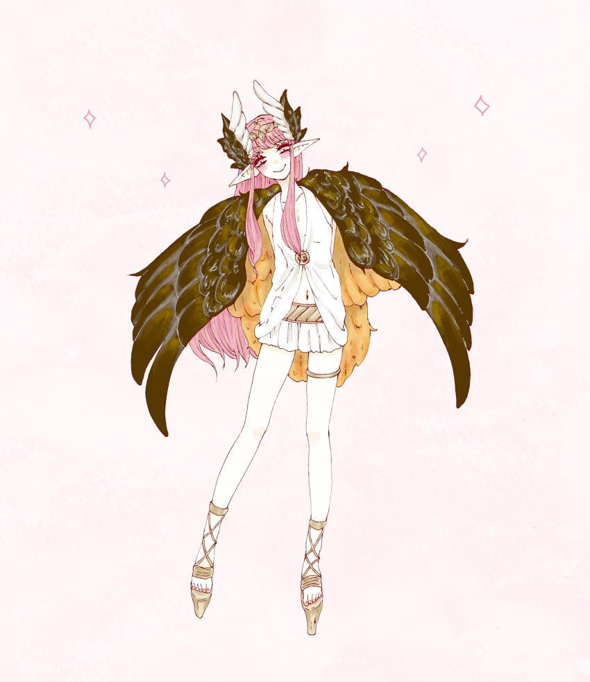 1girl abiabiho absurdres arms_behind_back bird_wings brown_wings circe_(fate/grand_order) circlet fate/grand_order fate_(series) feathered_wings full_body head_wings highres long_hair looking_at_viewer miniskirt navel pink_background pink_hair pointy_ears sandals sidelocks skirt sleeveless smile solo sparkle toenail_polish very_long_hair wings