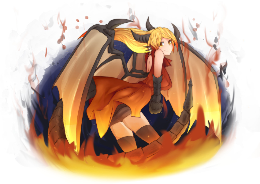 1girl backless_outfit bare_shoulders black_legwear blonde_hair commentary dragon_(monster_girl_encyclopedia) dragon_girl dragon_tail dragon_wings dress eyebrows_visible_through_hair fire gradient_hair head_fins highres horns leaning_forward long_hair looking_at_viewer monster_girl monster_girl_encyclopedia multicolored_hair nanostar open-back_dress orange_dress orange_eyes orange_hair paws shorts_under_dress smile solo tail thigh-highs wings