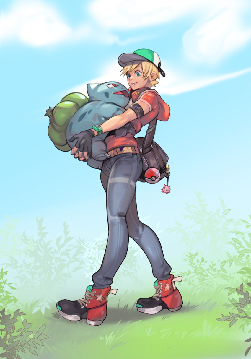 1boy animal animal_hug armband bag baseball_cap black_gloves blonde_hair blue_eyes blue_sky bulbasaur character_doll commentary day denim eye_contact gloves hat highres holding holding_animal hood hoodie jeans jigglypuff looking_at_another pants partly_fingerless_gloves poke_ball pokemon pokemon_(creature) pokemon_trainer red_eyes satchel shoes short_sleeves sky smile sneakers toxxy walking watch watch