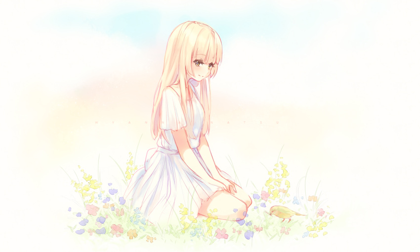 1girl animal artist_name bangs bird blonde_hair blunt_bangs closed_mouth dress eyebrows_visible_through_hair flower full_body gradient gradient_background hands_on_lap hyanna-natsu looking_down on_grass original short_sleeves sitting smile solo white_dress yellow_eyes