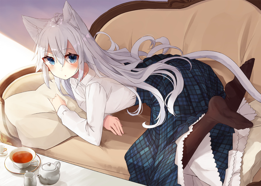 1girl animal_ears blue_eyes cat_ears cat_tail couch cup highres long_skirt nuko_miruku on_couch pantyhose pillow skirt tagme tail tea teacup teapot underskirt white_hair