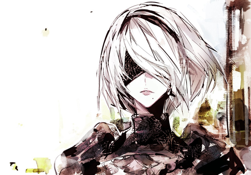 1girl black_dress black_hairband dress hairband lips mole mole_under_mouth nier_(series) nier_automata parted_lips short_hair solo tima white_hair yorha_no._2_type_b