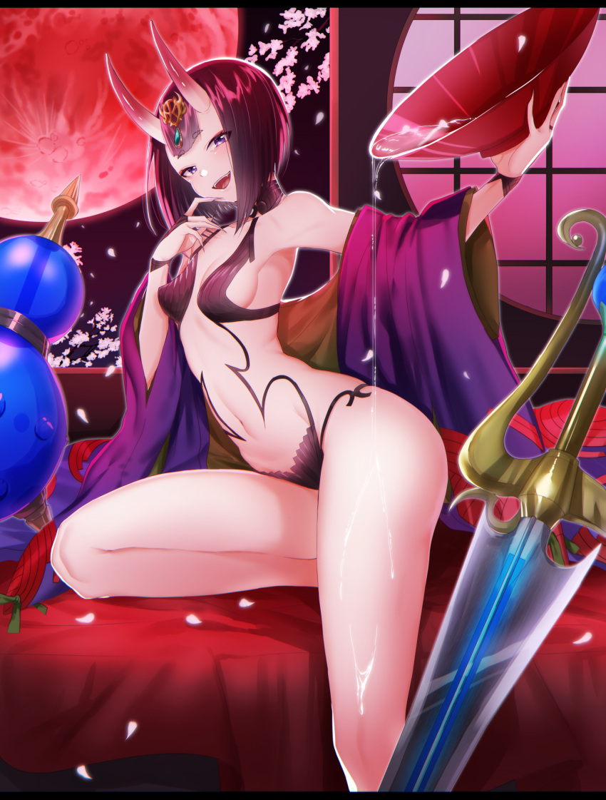 1girl :d alcohol black_hair black_panties breasts cleavage cup fangs fate/grand_order fate_(series) groin hair_ornament highres holding horns looking_at_viewer open_mouth panties sakazuki sake short_hair shuten_douji_(fate/grand_order) sideboob small_breasts smile solo sword underwear violet_eyes weapon