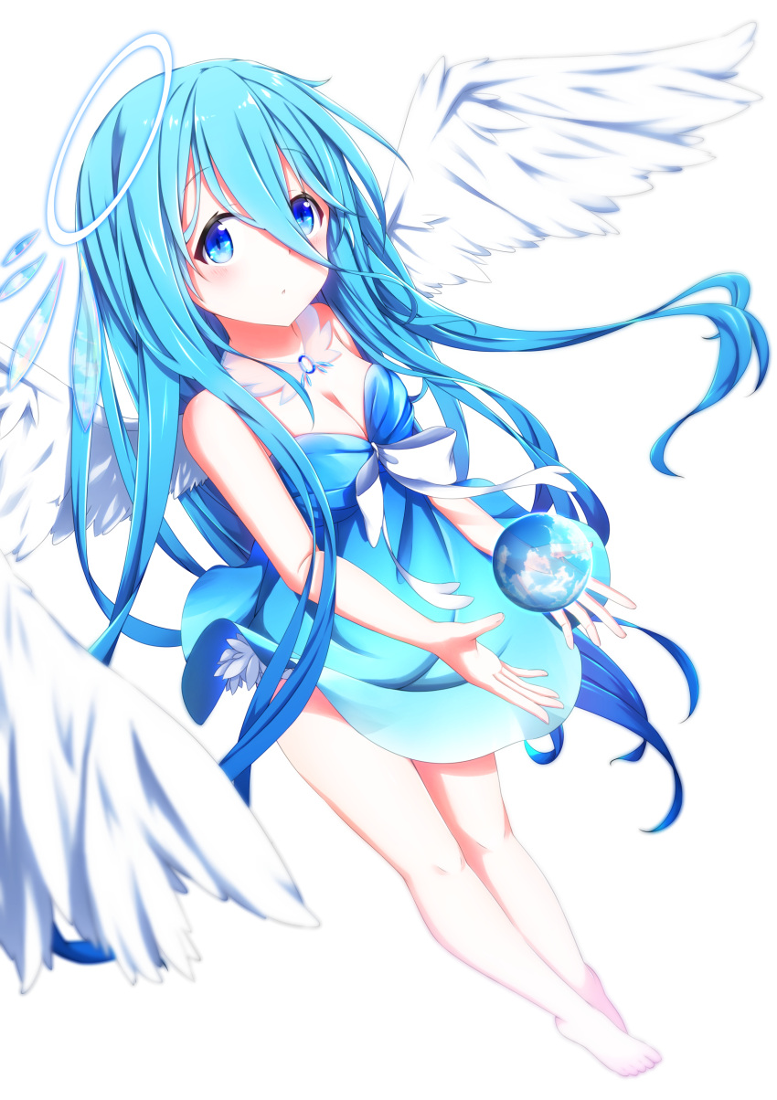 1girl absurdres angel angel_wings aoi_thomas bangs bare_legs barefoot blue_dress blue_eyes blue_hair breasts cleavage commentary_request dress eyebrows_visible_through_hair feathered_wings full_body hair_between_eyes halo highres long_hair looking_at_viewer medium_breasts original parted_lips short_dress simple_background solo strapless strapless_dress very_long_hair white_background white_wings wings
