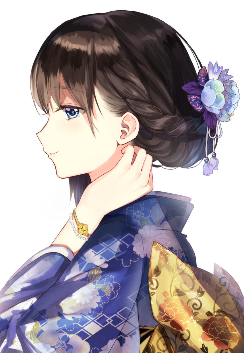 1girl bangs blue_eyes blue_kimono blush bow braid brown_hair closed_mouth derori eyebrows_visible_through_hair floral_print flower food from_side fruit hair_flower hair_ornament hand_on_own_neck hand_up highres japanese_clothes kimono large_bow long_sleeves original pear print_kimono profile shiny shiny_hair short_hair simple_background smile upper_body white_background wide_sleeves yellow_bow