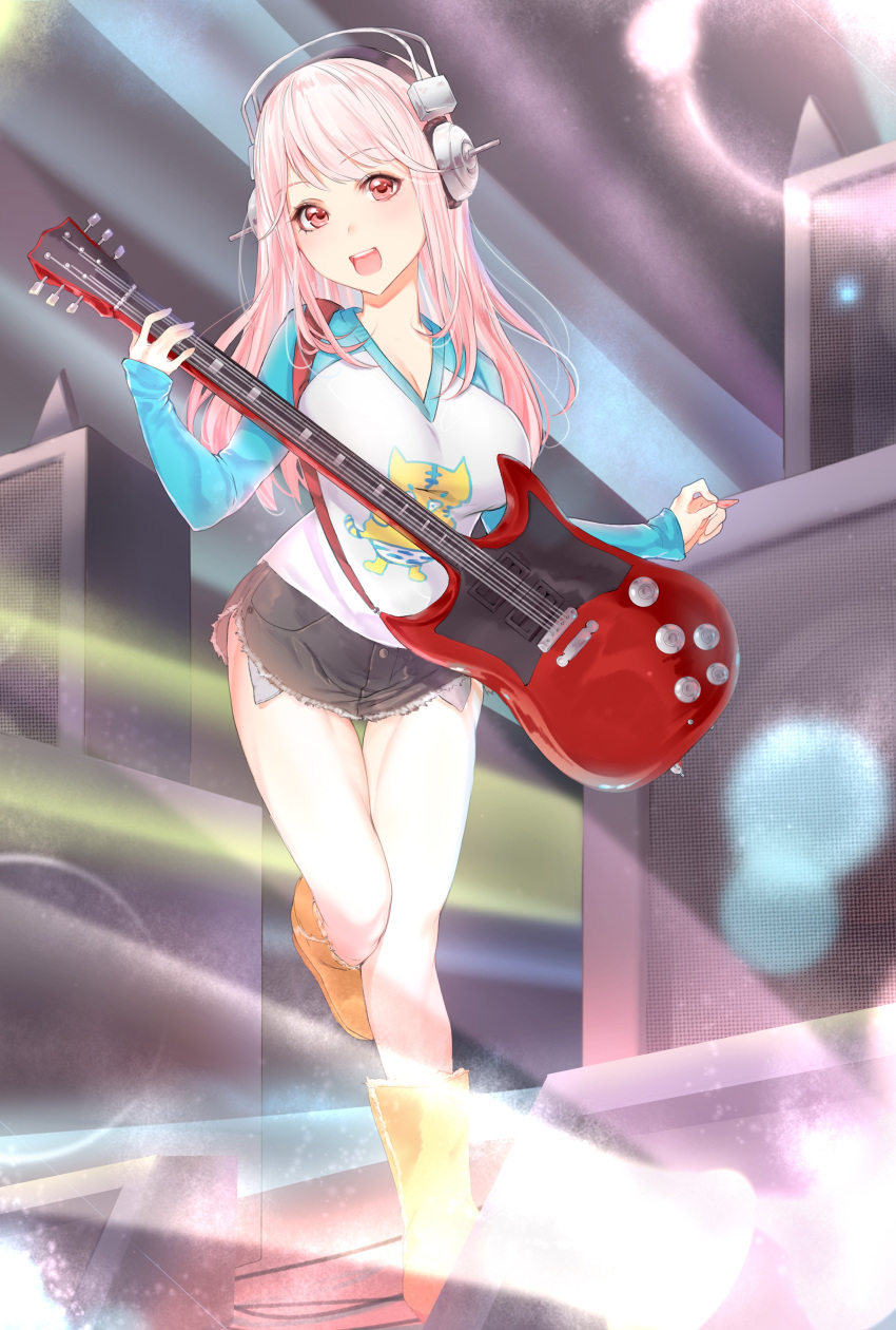 1girl :d absurdres animal_print ariatsuki boots breasts cat_print cleavage cutoffs electric_guitar eyebrows_visible_through_hair guitar headphones highres instrument large_breasts light_rays long_hair long_sleeves looking_at_viewer nitroplus open_mouth pink_eyes pink_hair plectrum short_shorts shorts sleeves_past_wrists smile solo speaker standing standing_on_one_leg super_sonico