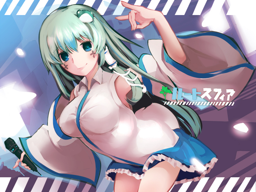 +_+ 1girl blue_eyes blue_skirt blush breasts closed_mouth cookie_(touhou) eyebrows_visible_through_hair frog_hair_ornament green_hair hair_ornament hair_tubes highres holding holding_microphone kochiya_sanae large_breasts long_hair looking_at_viewer microphone paseri_(cookie) pianika skirt smile solo touhou