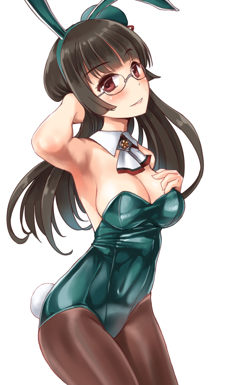 1girl animal_ears arm_behind_back armpits bare_shoulders beret black_gloves black_hair blue_leotard blush bow bowtie breasts bunny_girl bunny_tail bunnysuit choukai_(kantai_collection) cleavage detached_collar fake_animal_ears glasses gloves hand_on_own_chest hat highres kantai_collection leotard looking_at_viewer medium_breasts pantyhose rabbit_ears red_eyes remodel_(kantai_collection) rimless_eyewear solo strapless strapless_leotard tail takaoka_nanase wrist_cuffs
