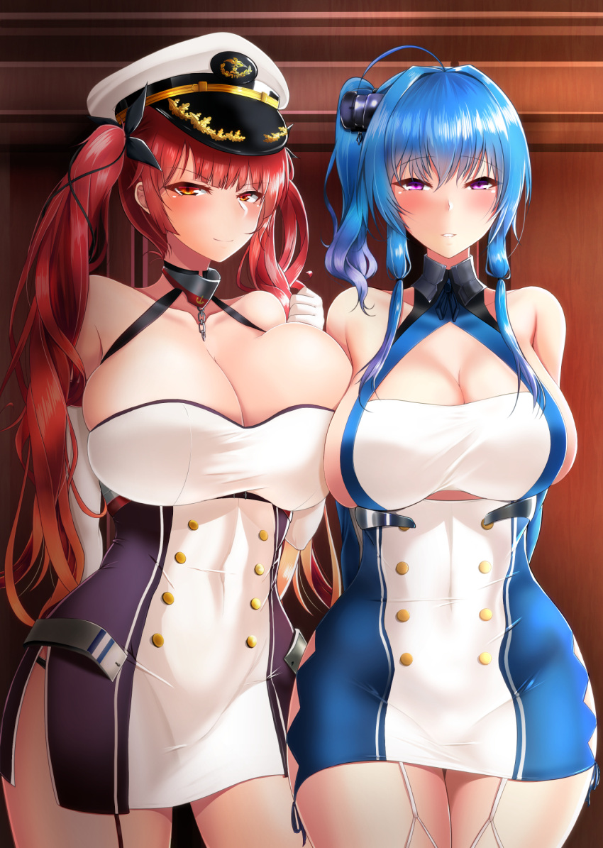 2girls ahoge arms_behind_back azur_lane bare_shoulders blue_hair blush breasts cleavage covered_navel dress elbow_gloves eyebrows_visible_through_hair garter_straps gloves gradient_hair hair_ribbon hat highres honolulu_(azur_lane) huge_breasts large_breasts legs_together long_hair looking_at_viewer multicolored_hair multiple_girls orange_hair peaked_cap red_eyes redhead ribbon shiny shiny_hair shiny_skin smile st._louis_(azur_lane) standing takanotsume twintails violet_eyes
