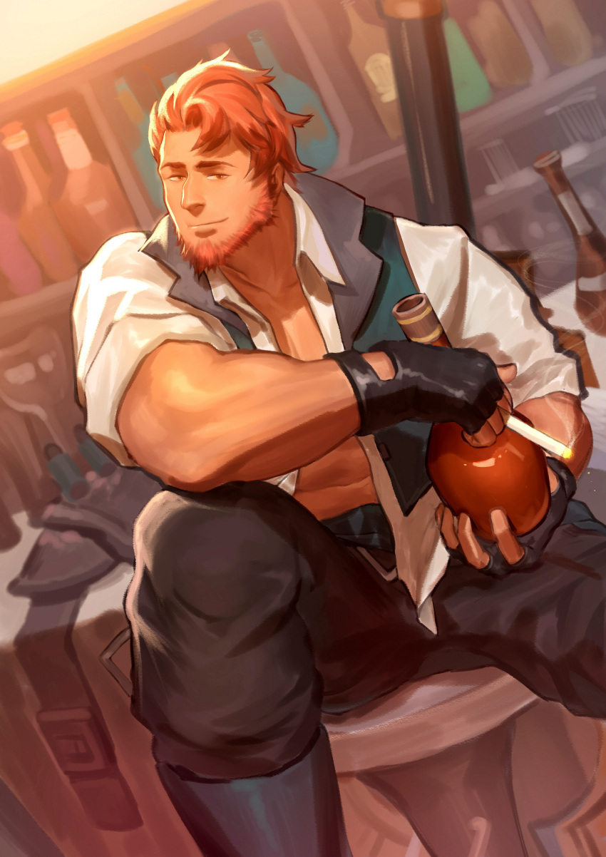 1boy absurdres bai_ma beard black_gloves black_pants bottle brown_eyes cigarette dutch_angle facial_hair fingerless_gloves forever_7th_capital gloves highres inside looking_at_viewer male_focus muscle pants redhead sitting smile solo wine_bottle