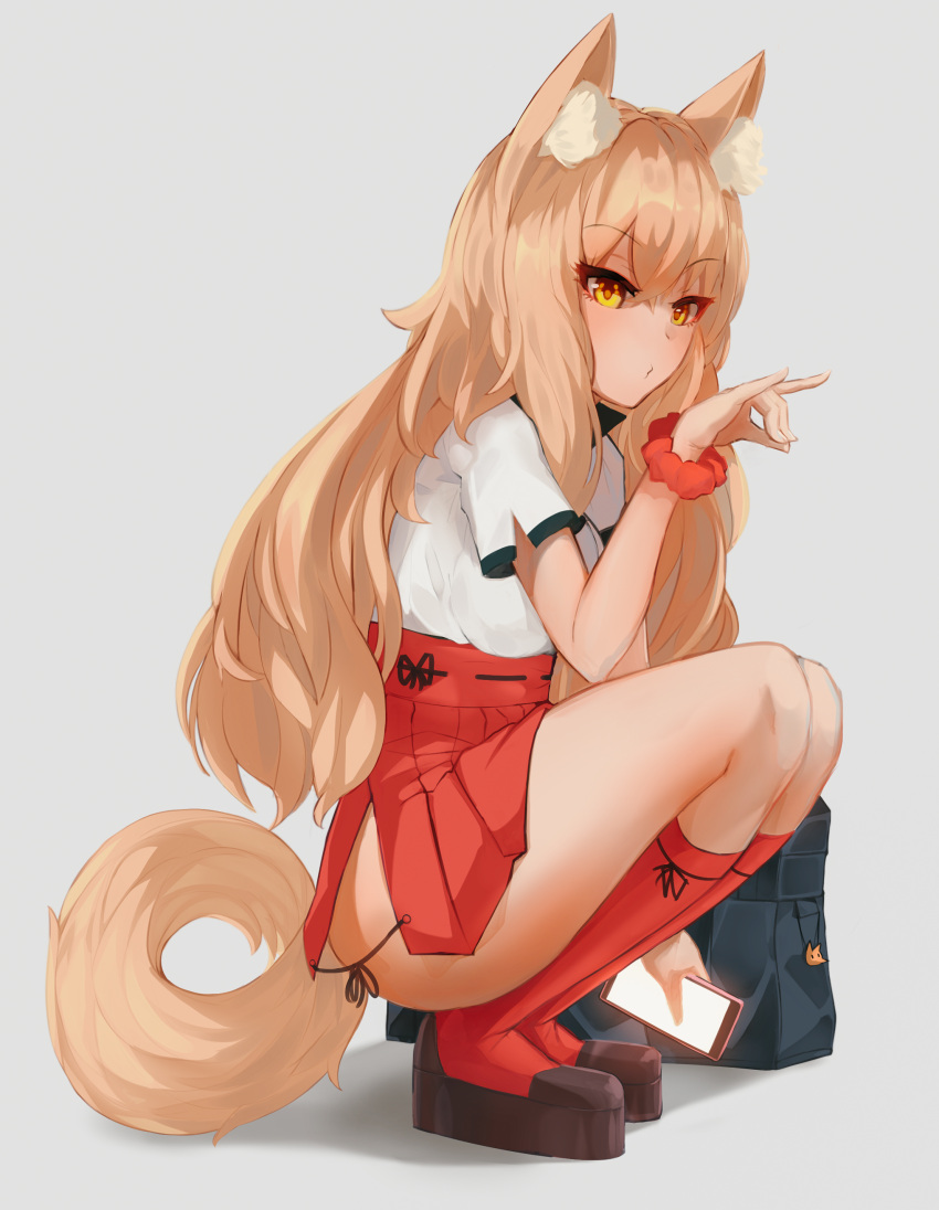 1girl absurdres animal_ears bag bag_charm bangs black_footwear blonde_hair blush cellphone charm_(object) closed_mouth ehrrr eyebrows_visible_through_hair fate/extra fate_(series) fox_ears fox_shadow_puppet fox_tail from_side full_body grey_background high-waist_skirt highres holding holding_phone kneehighs long_hair looking_at_viewer looking_to_the_side medium_skirt phone pouty_lips red_legwear red_scrunchie red_skirt ribbon-trimmed_skirt ribbon_trim school_bag scrunchie shirt shoes short_sleeves simple_background skirt smartphone solo squatting suzuka_gozen_(fate) tail thighs tsurime very_long_hair white_shirt wrist_scrunchie yellow_eyes